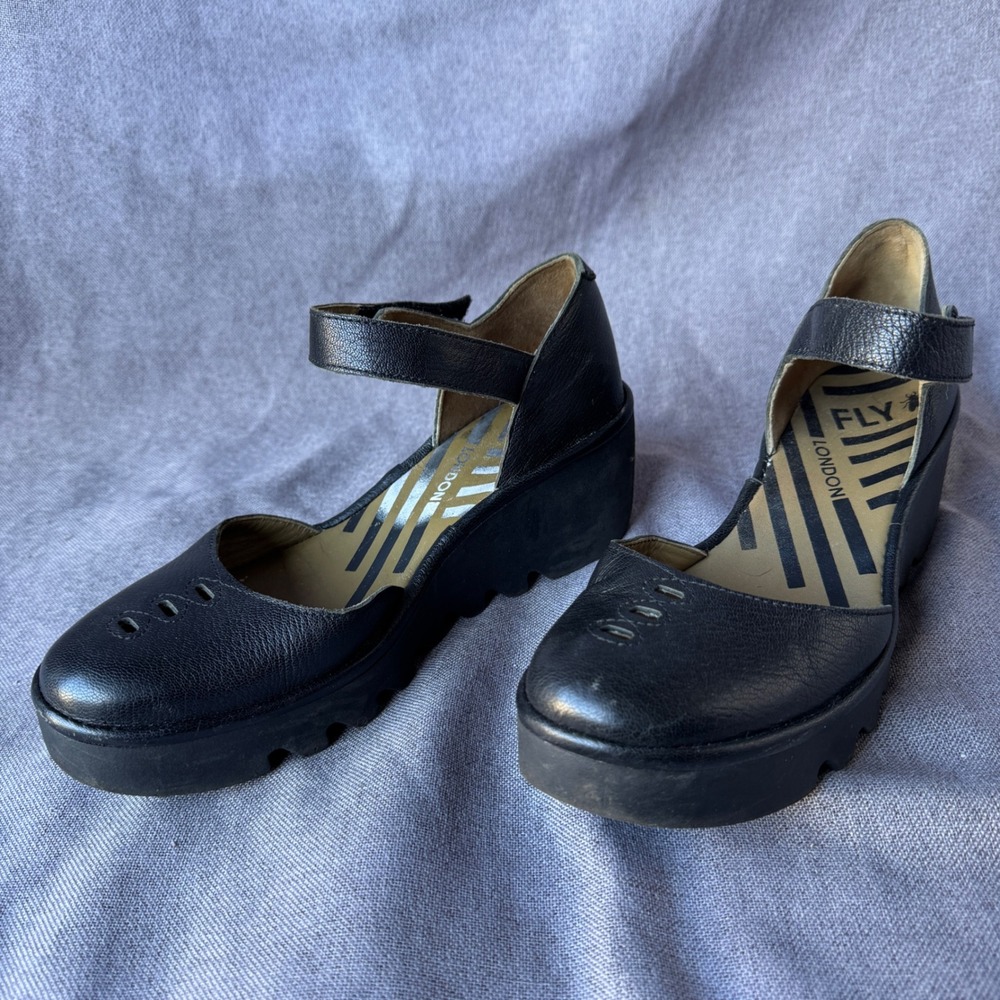 Fly London Yaz Black Leather Wedge Mary Jane Pump Shoes EU 40 US 9-9.5 501305000 - Picture 10 of 13
